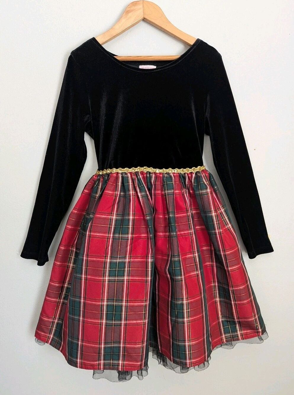 Youngland Girl Christmas Holiday Dress 6X Black Velvet Plaid Lined Taffeta Skirt